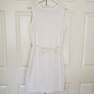 Talbots Dress Womens 12 P Petite White Eyelet Sleeveless Belted Cotton Classic